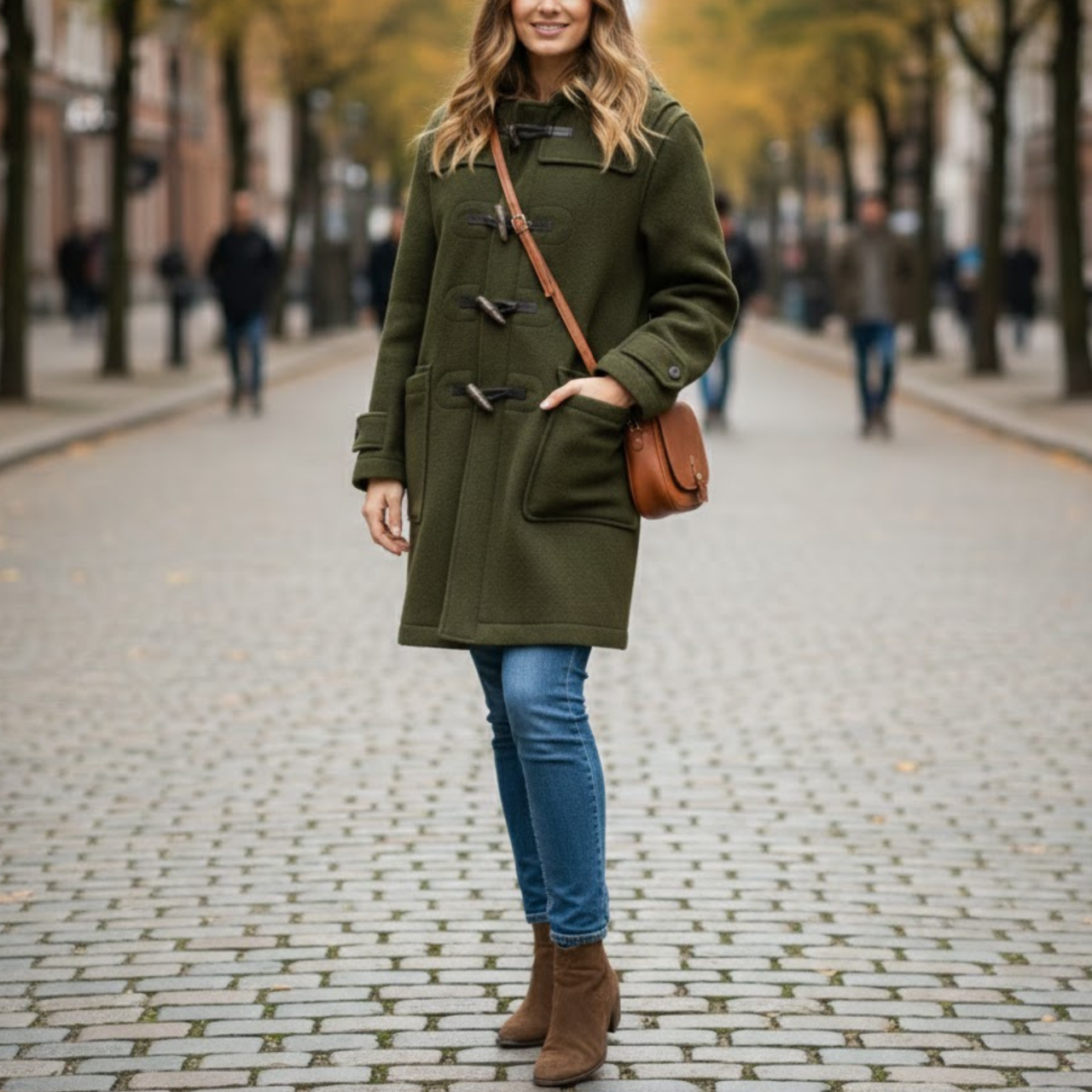 Women's Classic Olive Green Wool Duffle Hooded Toggles Coat