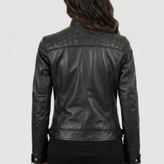 Women Cognac Antique Brown Quilted Cafe Racer Leather Jacket
