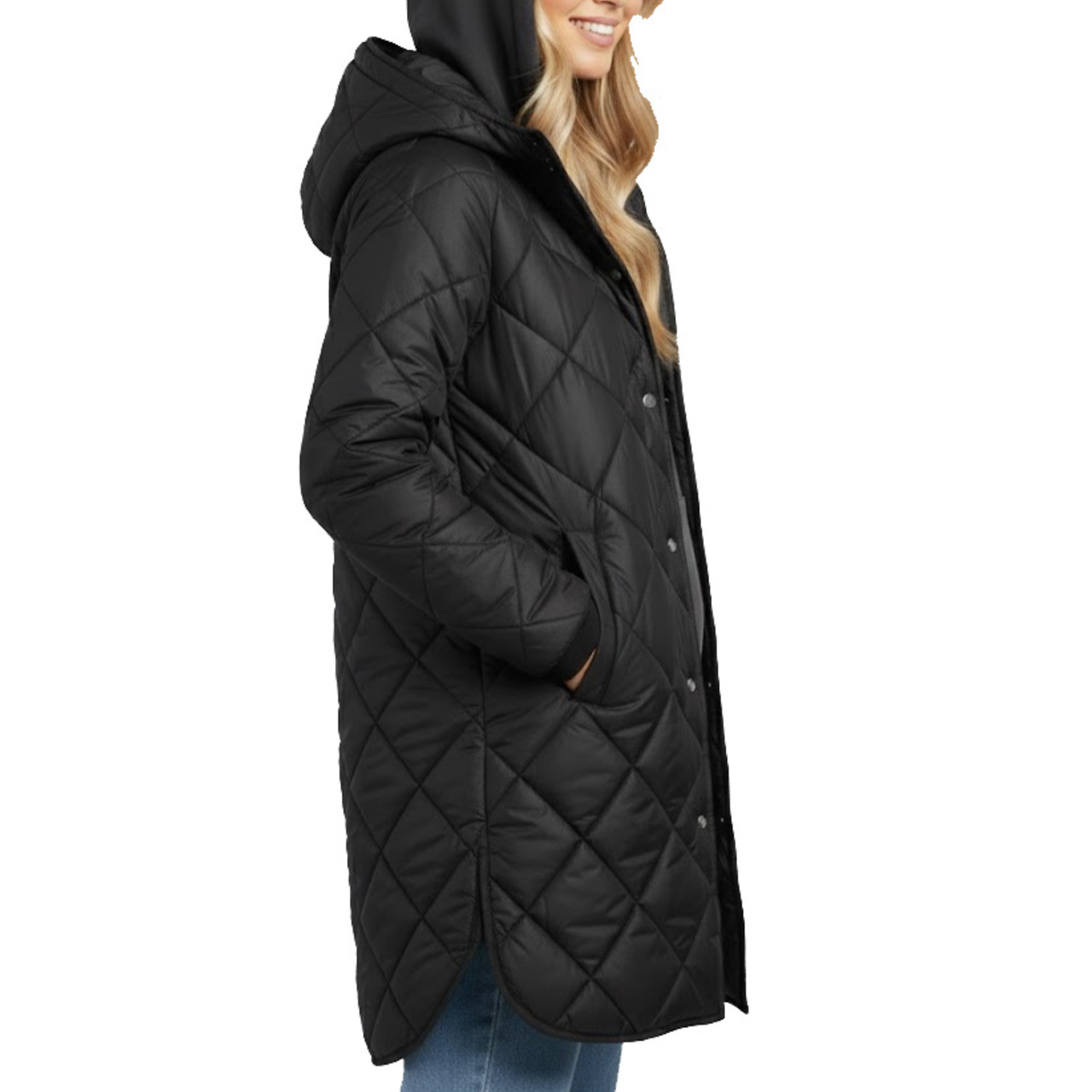 Women's Black Diamond Quilted Hooded Puffer Winter Long Coat