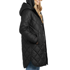 Women's Black Diamond Quilted Hooded Puffer Winter Long Coat