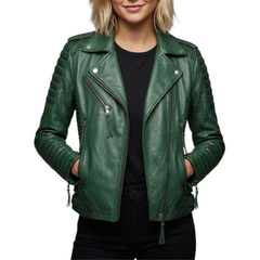 Women's Green Real Leather Biker Motorcycle Jacket