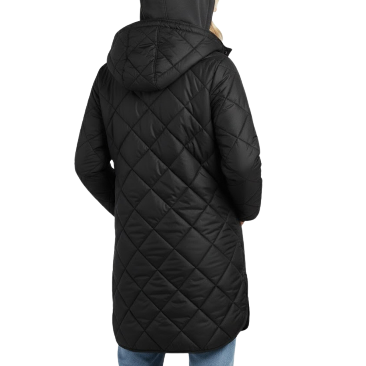 Women's Black Diamond Quilted Hooded Puffer Winter Long Coat