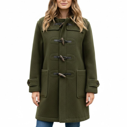 Women's Classic Olive Green Wool Duffle Hooded Toggles Coat