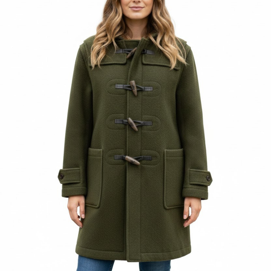 Women's Classic Olive Green Wool Duffle Hooded Toggles Coat