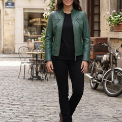 Women Cognac Antique Brown Quilted Cafe Racer Leather Jacket