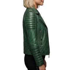 Women's Green Real Leather Biker Motorcycle Jacket