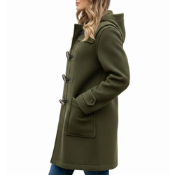 Women's Classic Olive Green Wool Duffle Hooded Toggles Coat