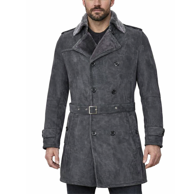 German Military Double-Breasted Real Sheepskin Suede Leather Pea Coat For Men