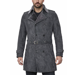 German Military Double-Breasted Real Sheepskin Suede Leather Pea Coat For Men