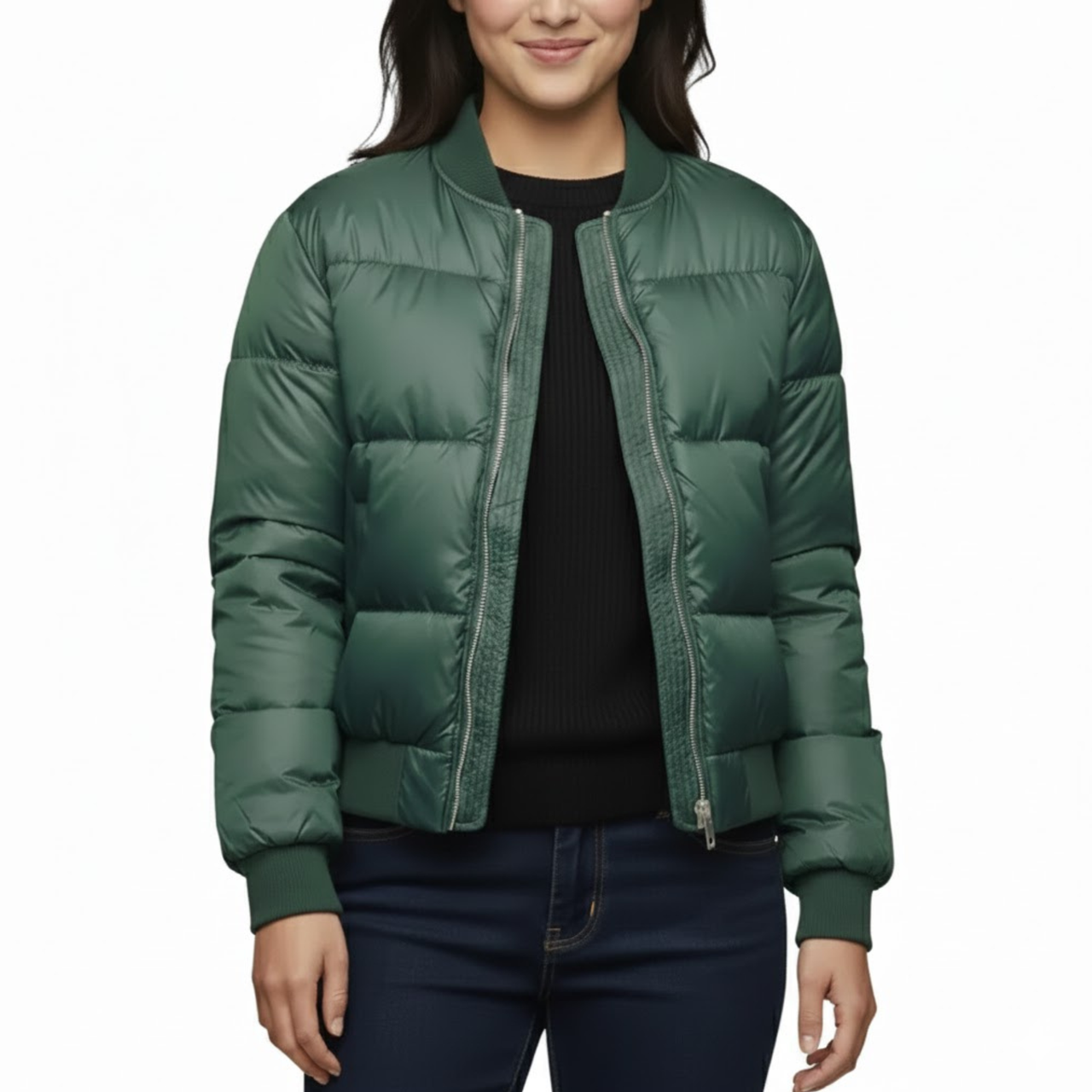 Women’s Green Puffer Quilted Bomber Lightweight Winter Outerwear Jacket