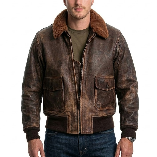 Mens Vintage Aviator Bomber Leather Jacket