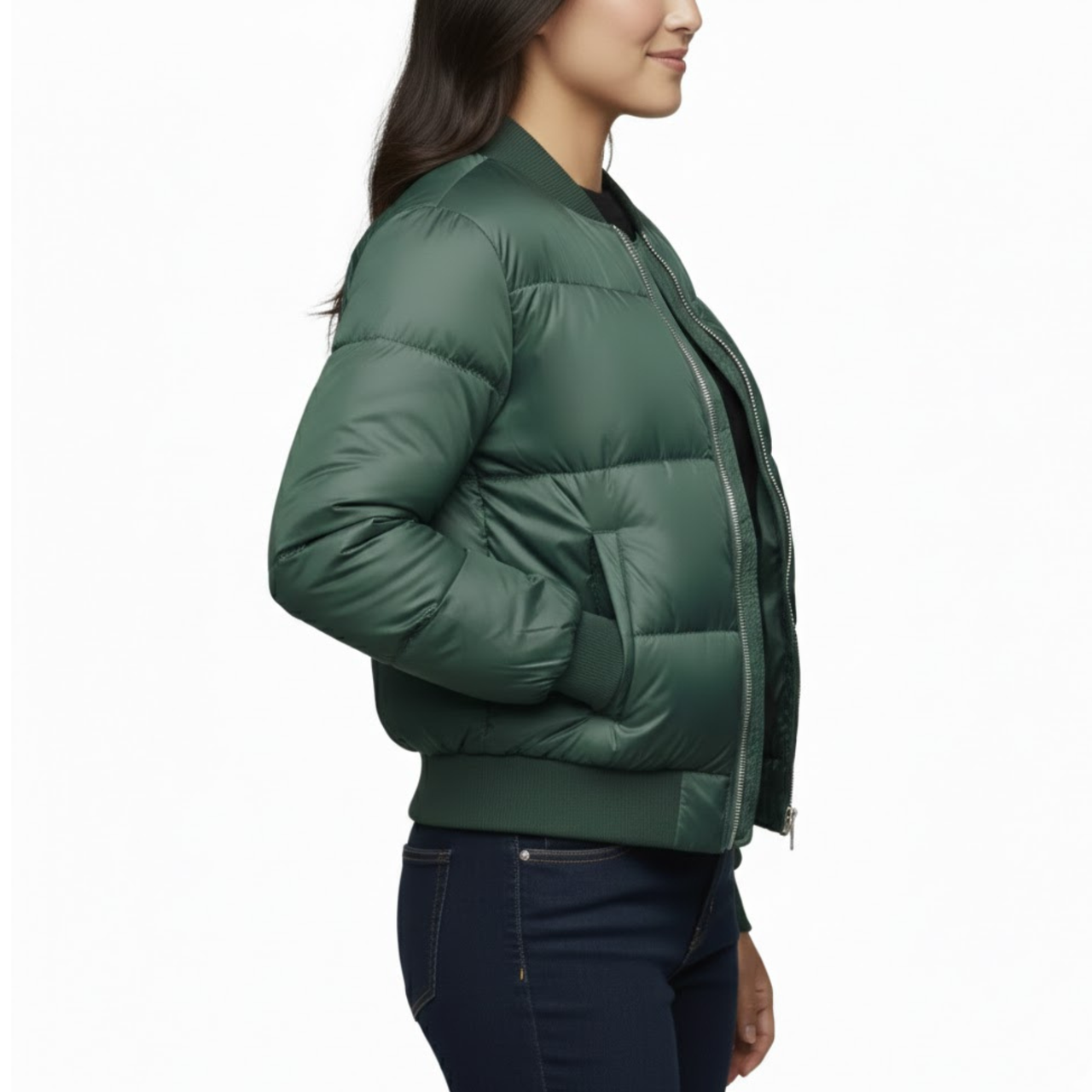 Women’s Green Puffer Quilted Bomber Lightweight Winter Outerwear Jacket
