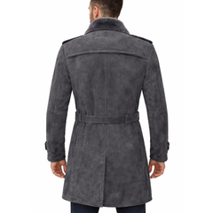 German Military Double-Breasted Real Sheepskin Suede Leather Pea Coat For Men