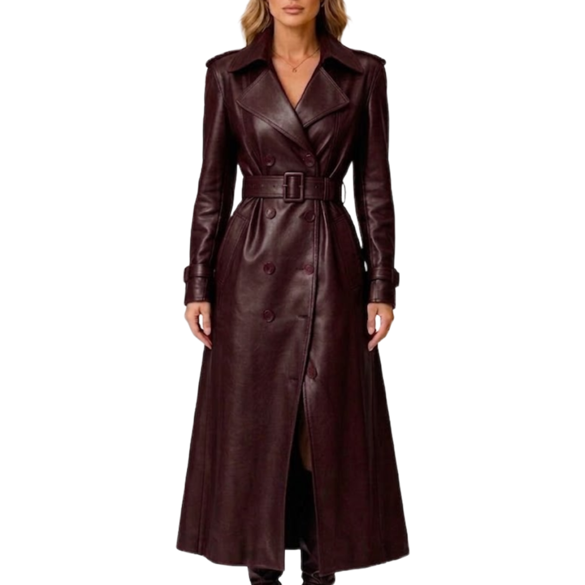 Women’s Brown Sheepskin Leather Trench Coat - Double Breasted Long Coat