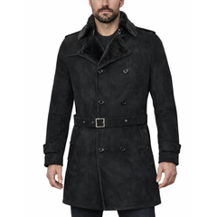 German Military Double-Breasted Real Sheepskin Suede Leather Pea Coat For Men