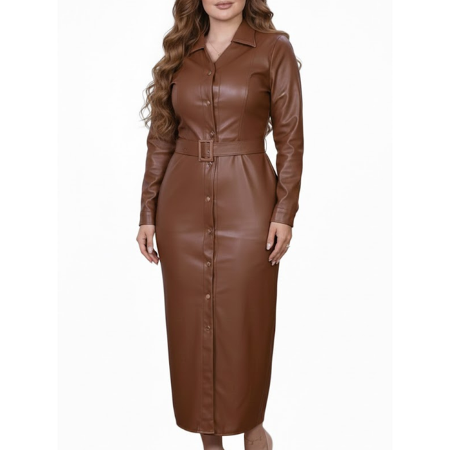 Women's Brown Real Leather Long Trench Coat Costume