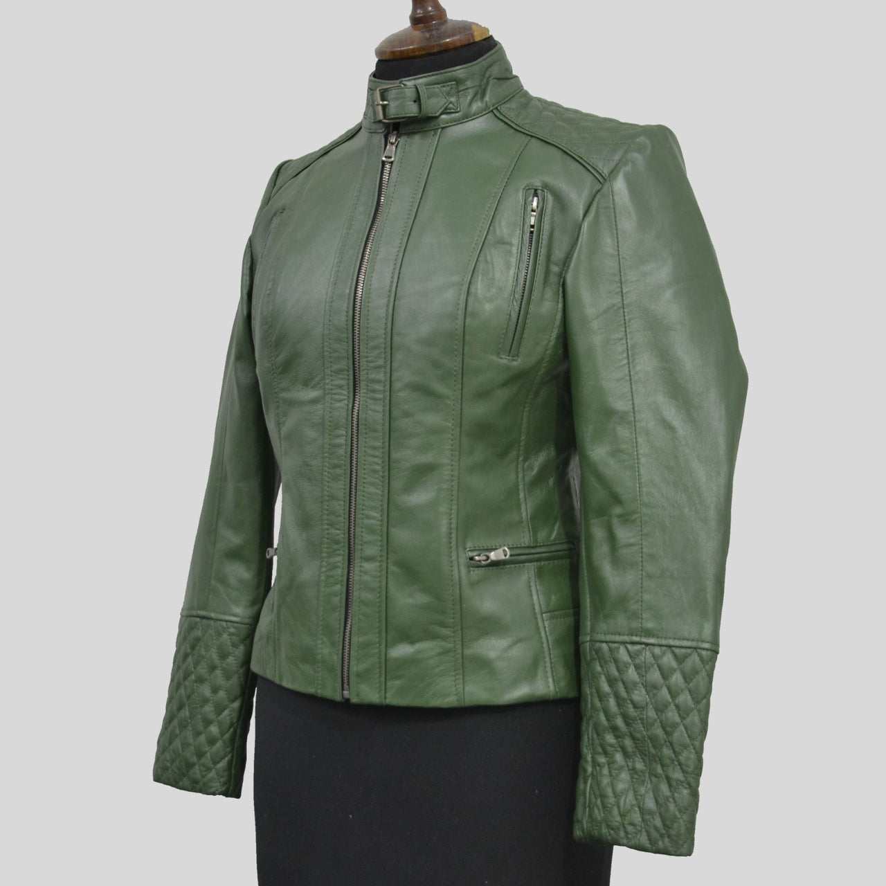 Women's Green Quilted Belted Collar Cafe Racer Leather Jacket