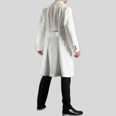Men’s White Wool Trench Coat with Half-Belted Back