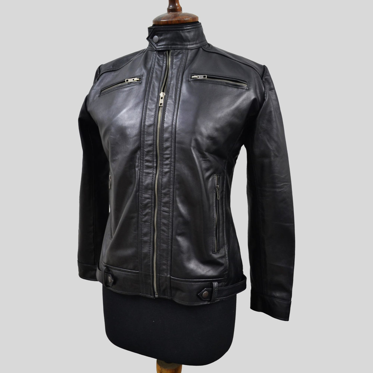 Women's Black Genuine Lambskin Cafe Racer Leather Jacket