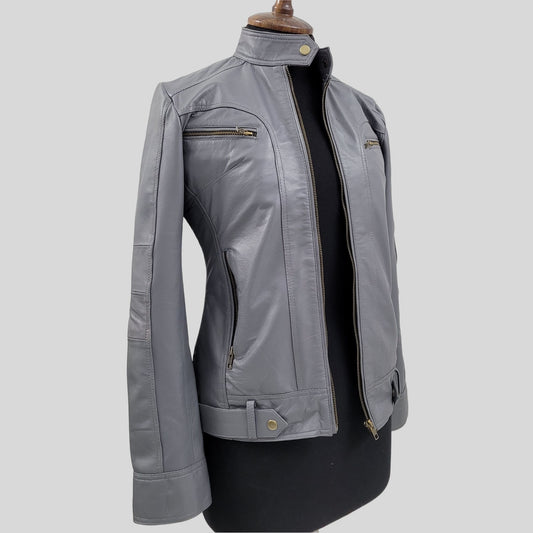 Women's Waxed Grey Genuine Lambskin Cafe Racer Leather Jacket