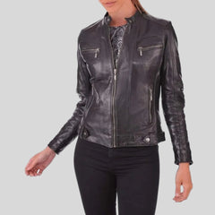 Women's Black Geniune Lambskin Cafe Racer Leather Jacket