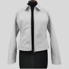 Women White Shirt Collar Designer Ladies Leather Jacket