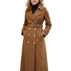 Women's Brown Wool Double Bresated Belted Slim Long Trench Coat
