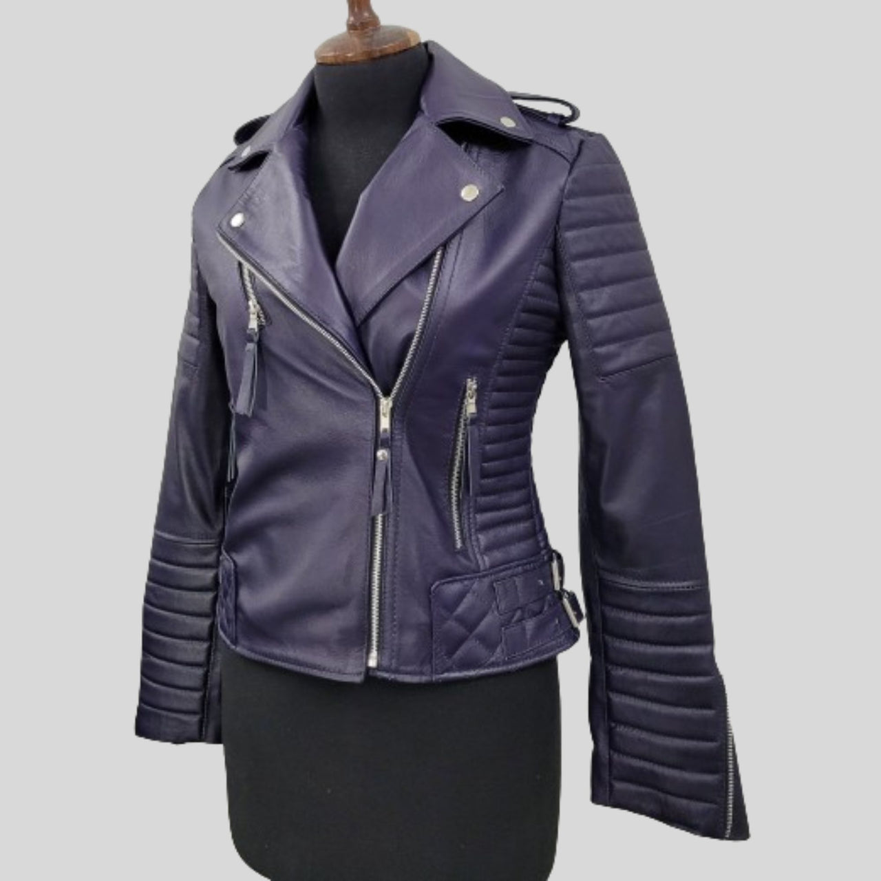 Women's Purple Quilted Motorcycle Genuine Lambskin Leather Biker Jacket