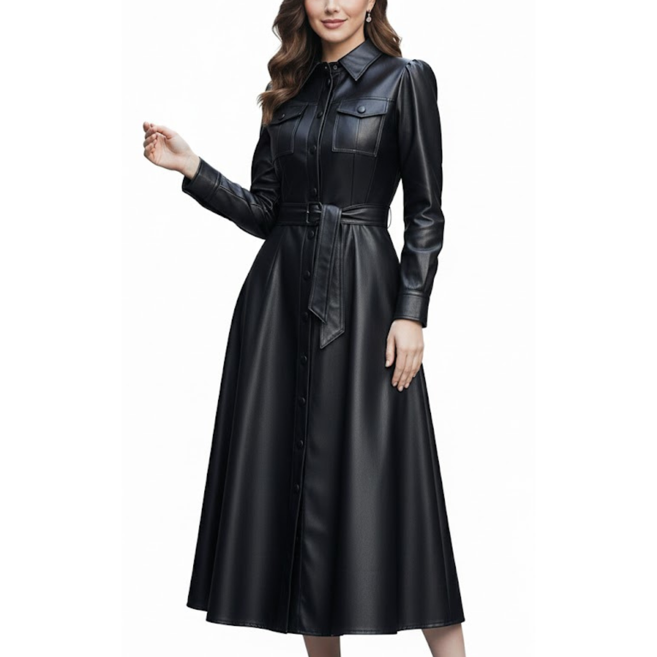 Women's Black Sheepskin Leather Belted Shirt Style Trench Coat Dress