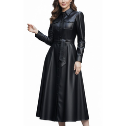 Women's Black Sheepskin Leather Belted Shirt Style Trench Coat Dress