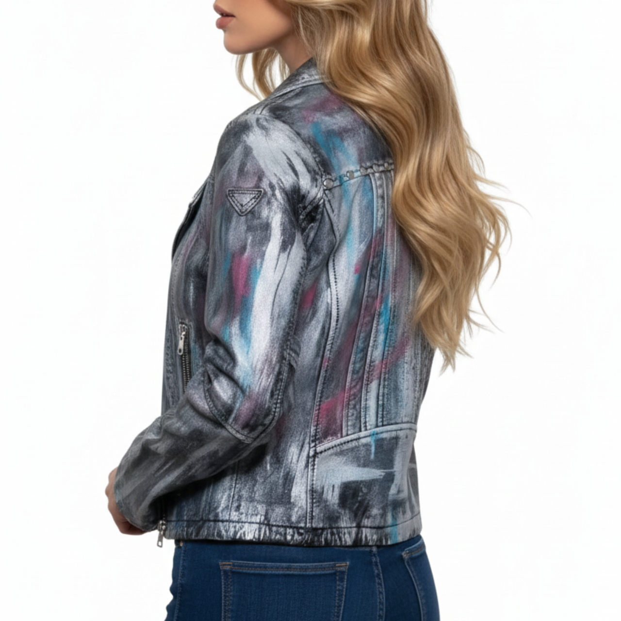 Womens Metallic Color Hand Painted Biker Leather Jacket