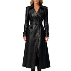 Women’s Brown Sheepskin Leather Trench Coat - Double Breasted Long Coat