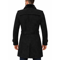 German Military Double-Breasted Real Sheepskin Suede Leather Pea Coat For Men