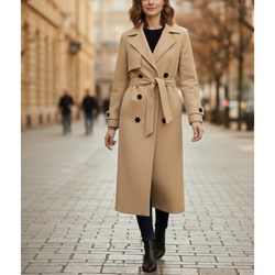 Women’s Beige Premium Wool Double-Breasted Long Trench Coat