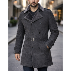 German Military Double-Breasted Real Sheepskin Suede Leather Pea Coat For Men