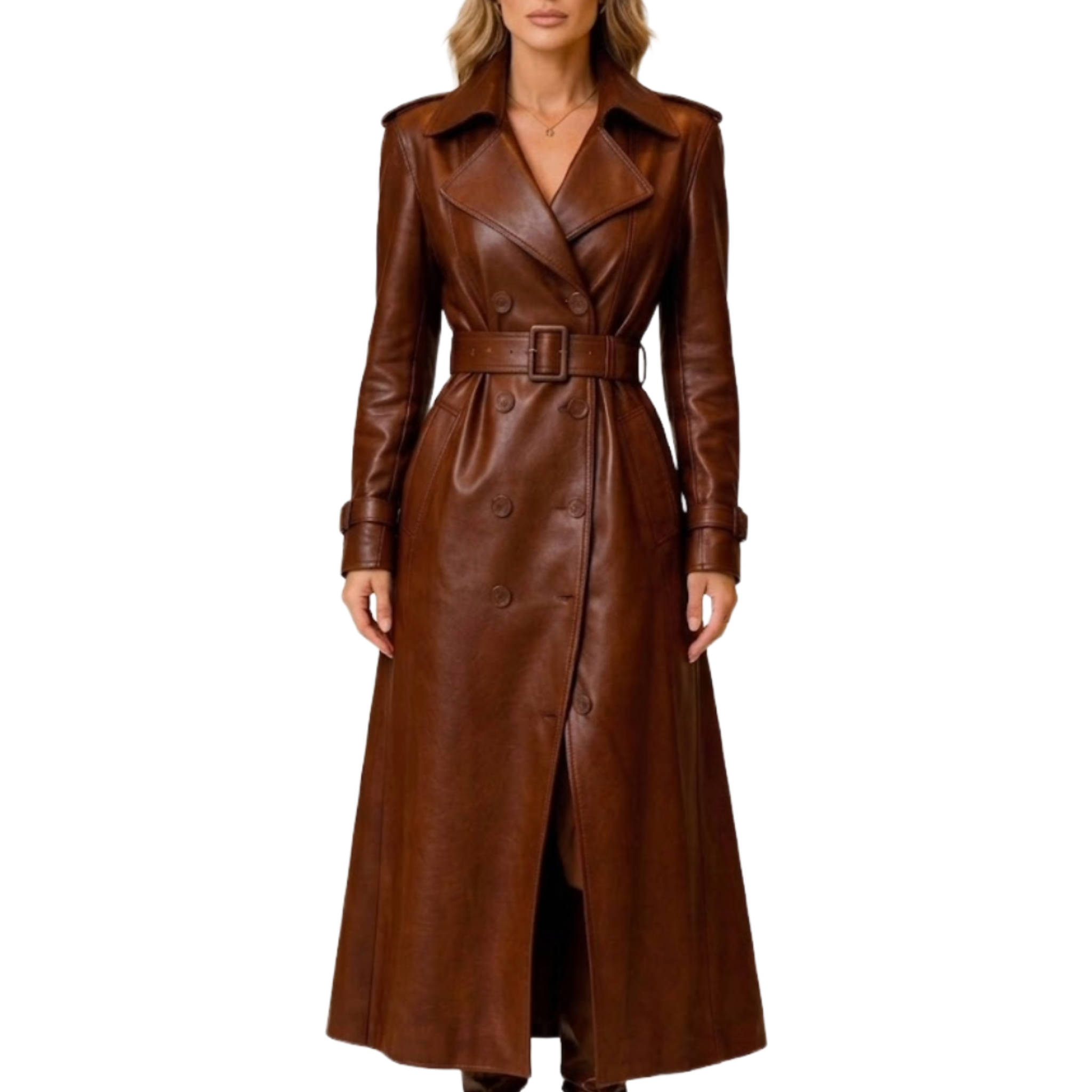 Women's Brown Sheepskin Leather Trench Coat - Double Breasted Long Women's Brown Sheepskin Leather Trench Coat - Double Breasted Long