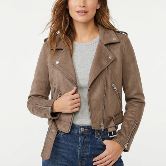 Women's Distressed Motorcycle Genuine Suede Leather Cafe Racer Biker Jacket