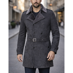 German Military Double-Breasted Real Sheepskin Suede Leather Pea Coat For Men