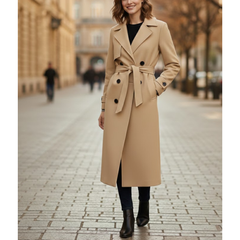 Women’s Beige Premium Wool Double-Breasted Long Trench Coat