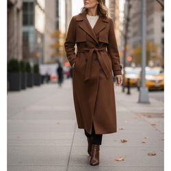 Women’s Brown Premium Wool Double-Breasted Long Trench Coat