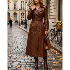Women’s Brown Sheepskin Leather Trench Coat - Double Breasted Long Coat
