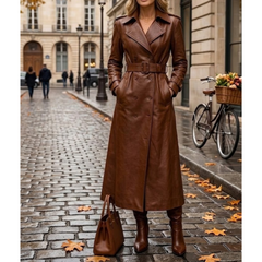 Women’s Brown Sheepskin Leather Trench Coat - Double Breasted Long Coat