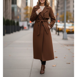 Women’s Brown Premium Wool Double-Breasted Long Trench Coat