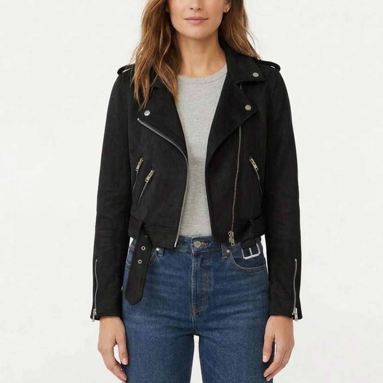 Women's Distressed Motorcycle Genuine Suede Leather Cafe Racer Biker Jacket