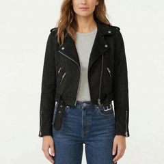 Women's Distressed Motorcycle Genuine Suede Leather Cafe Racer Biker Jacket