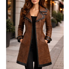 Women’s Vintage Brown Sheepskin Leather Long Overcoat