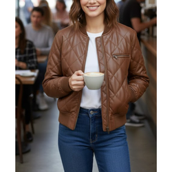 Women’s Brown Puffer Leather Quilted Bomber Winter Outerwear Jacket