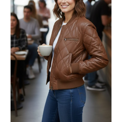 Women’s Brown Puffer Leather Quilted Bomber Winter Outerwear Jacket