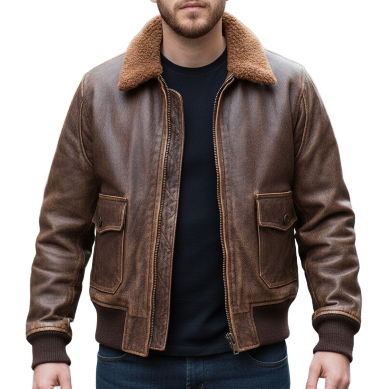 Mens Brown Sheepskin Leather Fur Collar Bomber Jacket