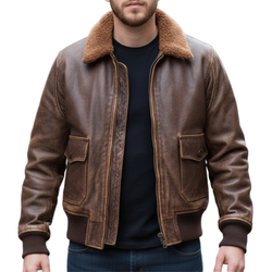 Mens Brown Sheepskin Leather Fur Collar Bomber Jacket